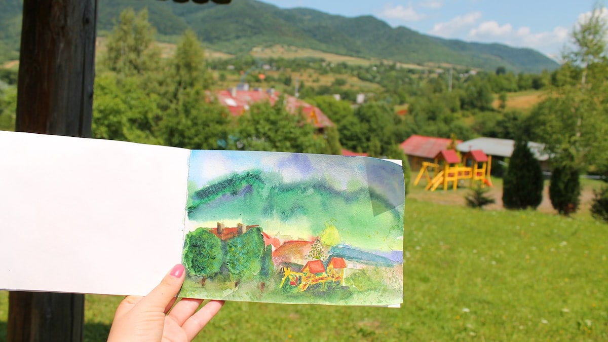 Watercolor drawing in the Carpathian Mountains
